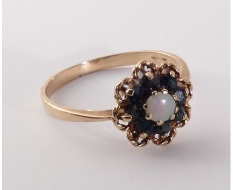 9ct gold sapphire and opal cluster ring on yellow gold shank, ring size N