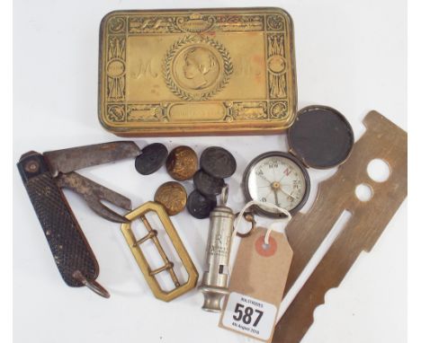 Small collection of military items to include World War I Christmas tin, compass and an ARP whistle 