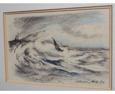 Signed sketch of boats in rough sea signed Adrian hill 
