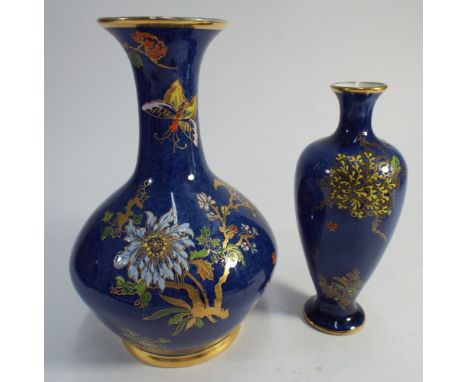 Carlton Ware blue ground vase and a small bud vase.  12cm tall   Condition - very tiny chip to the larger vase lip