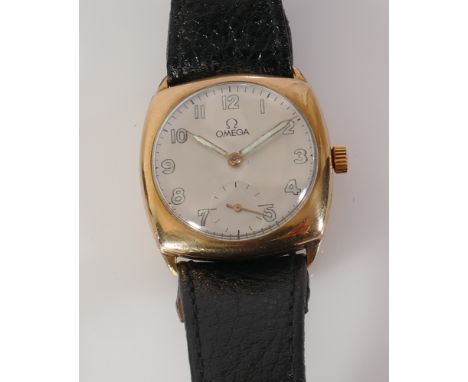 Vintage Omega gents wristwatch, yellow metal with subsidiary seconds dial. On leather strap, circa 1940's