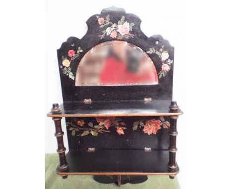 Black lacquered rose decorated mirror wall shelf 