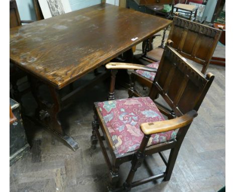5' oak refectory style dining table with pair of Ercol oak carver chairs and pair of dining chairs 