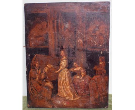 Oil painting on panel of Elizabethan ladies and gentleman playing piano 16" x 13" 