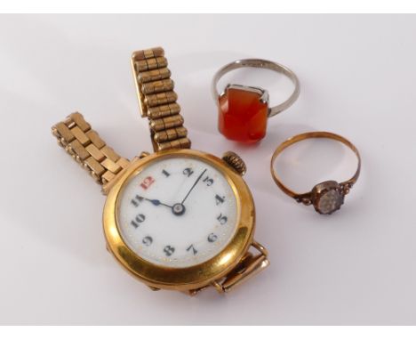 Ladies gold plated vintage wristwatch, 9ct gold carnelain set ring and a 19th century 22 ct gold mourning ring set with oval 