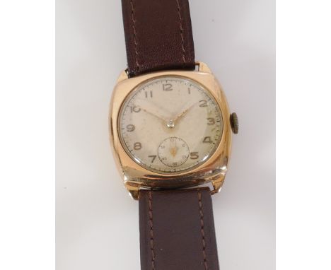Gents vintage 9ct gold wristwatch on brown leather strap