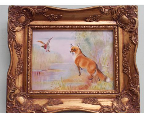 Framed and mounted porcelain panel by Worcester artist E R Booth depicting fox putting up a mallard, signed lower right.  Pan