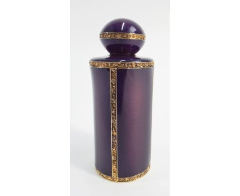 White metal  gilt and amethyst purple enamel scent bottle of cylindrical form with domed screw top - 9cm tall   No hallmarks 