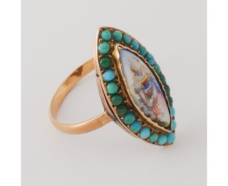 19th century marquise shaped ring, set with a porcelain enamel panel depicting a lady in a turquoise setting. Unmarked shank 