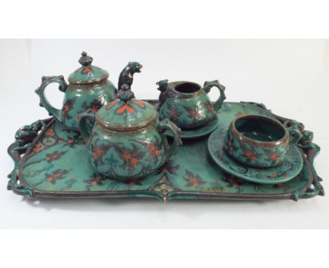 French art pottery tea service and tray by Robalbhen and Henri Laurent Desrousseaux, decorated in teal green and orange glaze