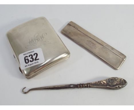 Hallmarked silver cigarette case and engine turned silver comb case with faux tortoiseshell comb and a silver handled button 