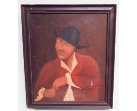 19th century oil portrait of man in red shirt counting money.  Indistinctly signed 1868.  11.5 x 9.5"