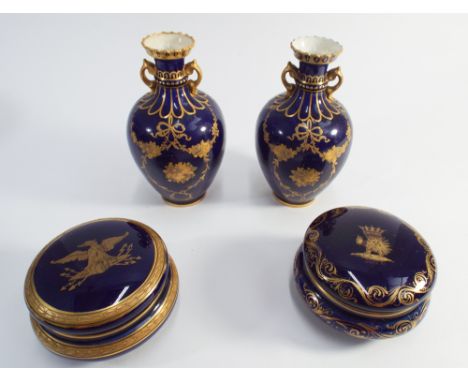 Small pair of blue and gilt decorated Crown Derby twin handled vases (12cms approx) and pair of Royal blue and gilt Limoges t