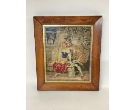 Maple framed tapestry depicting a Georgian couple. Approximately 45x52cm