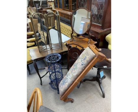 A collection of small furniture items including occasional tables, tapestry covered stool etc.