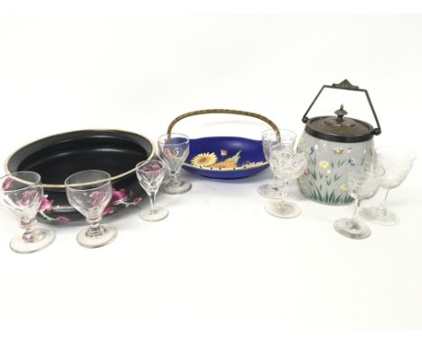 A Carlton ware floral dish, a Victorian glass biscuit barrel, black and floral ceramic dish &amp; wheel etched Victorian glas