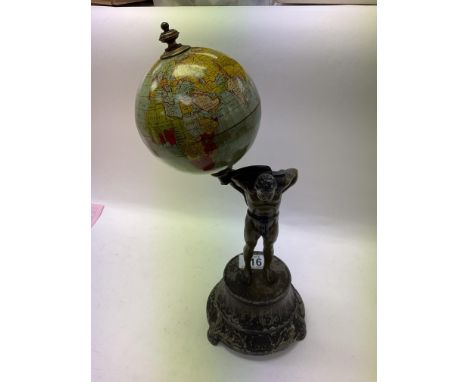 Victorian Spelter figure of Atlas supporting a metal globe, approx 15 inches tall.