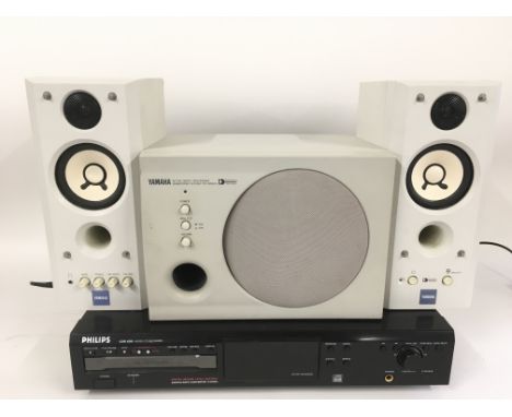 A Philips CDR600 Audio CD recorder, a Yamaha Subwoofer system, two other Yamaha speakers, video monitor etc.