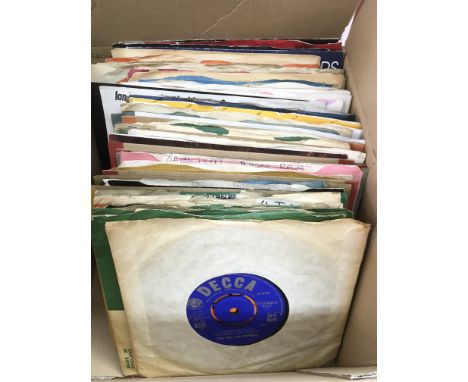 A box of 7inch singles and EPs by various artists from the 1960s onwards including Elvis Presley, The Rolling Stones, Ian Dur