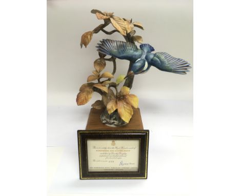 A limited edition Royal Worcester figure of a Kingfisher and Autumn Beech number 152/500, total approx height 32.5cm includin