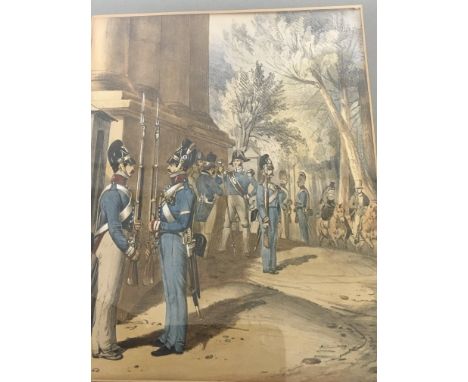 A framed pencil and watercolour sketch of French 19th soldiers on guard duty. Unsigned 28cmx37cm
