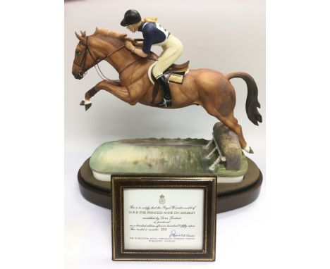A limited edition Royal Worcester figure of HRH Princess Anne on Doublet with framed certificate, number 209/750. Approx tota