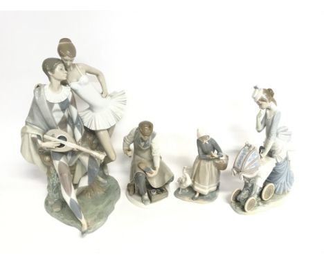 A Lladro figure in the form of a harlequin and three other boxes Lladro figurines.