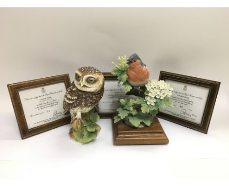 Two limited edition Royal Worcester figures of birds comprising a Chaffinch 62/500 and Little Owl 64/250.