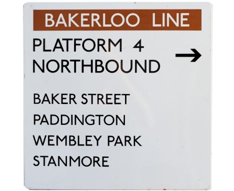 London Underground FF enamel sign BAKERLOO LINE PLATFORM 4 NORTHBOUND BAKER STREET PADDINGTON WEMBLEY PARK STANMORE. Measures