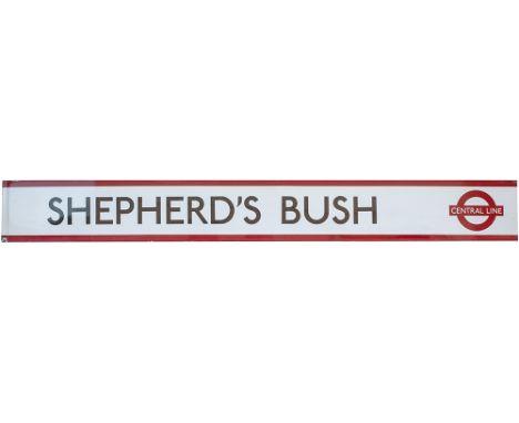 London Underground enamel frieze sign SHEPHERD'S BUSH measuring 75in x 9in. In excellent condition with Central Line target a