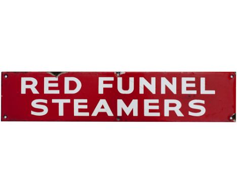 Enamel posterboard heading RED FUNNEL STEAMERS measuring 18.5in x 4in. In very good condition with minor chipping. Red Funnel