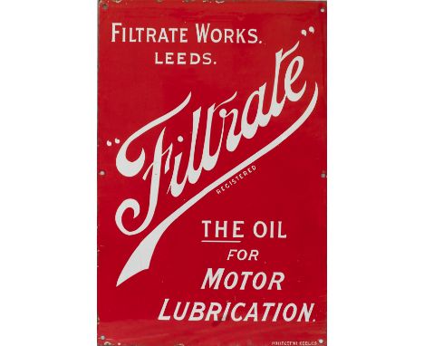 Motoring enamel advertising sign FILTRATE THE OIL FOR MOTOR LUBRICATION FILTRATE WORKS LEEDS with makers name Protector Eccle