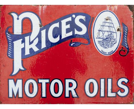 Motoring enamel advertising sign PRICE'S MOTOR OILS. Double sided with wall mounting flange measures 24in x 18in. In good con