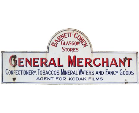 Advertising enamel shop sign BARNETT-COHEN GLASGOW STORES. GENERAL MERCHANT CONFECTIONERY, TOBACCOS, MINERAL WATERS AND FANCY