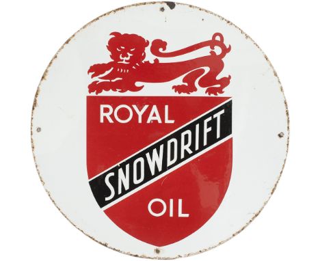 Motoring enamel advertising sign ROYAL SNOWDRIFT OIL. Measures 12in diameter and is in very good condition with minor edge ch