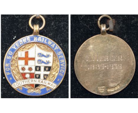 Southern Railway 9ct gold 50 years LONG SERVICE MEDAL. Enamelled face with Southern Railway Coat of Arms and engraved on the 