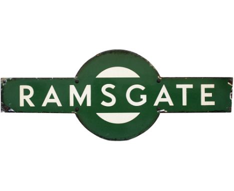 Southern Railway enamel target station sign RAMSGATE from the former South Eastern and Chatham Railway station between Canter