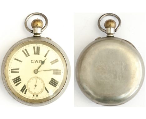 Great Western Railway nickel cased Railway Pocket Watch with top wind and push button set English lever movement signed Barry