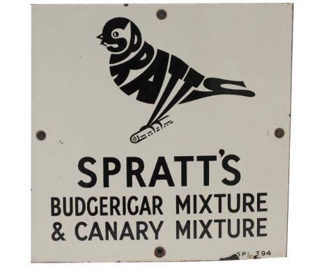 Advertising enamel sign SPRATTS BUDGERIGAR MIXTURE &amp; CANARY MIXTURE. In very good condition with minor edge chipping. Mea
