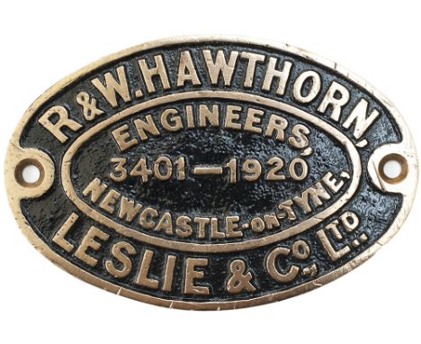 Worksplate R &amp; W HAWTHORN LESLIE &amp; CO LTD ENGINEERS NEWCASTLE-ON-TYNE 3401 - 1920 ex Taff Vale Railway Class A 0-6-2 