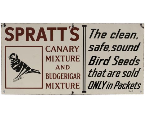 Advertising enamel sign SPRATT'S CANARY MIXTURE AND BUDGERIGAR MIXTURE THE CLEAN, SAFE, SOUND BIRD SEEDS THAT ARE SOLD ONLY I
