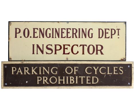 Post Office enamel doorplate P.O. ENGINEERING DEPT INSPECTOR measuring 18in x 6in. Together with a cast aluminium sign PARKIN