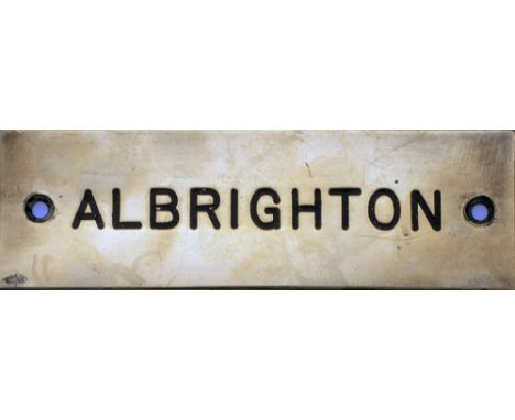 GWR machine engraved brass shelf plate ALBRIGHTON. In very good condition complete with original wax infill. Measures 4.75in 