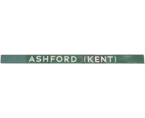 Southern Railway enamel seatback ASHFORD (Kent). In fair condition with a couple of areas of enamel loss. Measures 48in x 3in