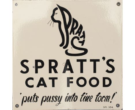 Advertising enamel sign SPRATT'S CAT FOOD PUTS PUSSY INTO FINE FORM. In very good condition with a slight bow in the centre c