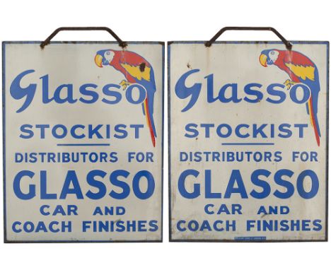 Motoring enamel advertising sign GLASSO STOCKIST DISTRIBUTORS FOR GLASSO CAR AND COACH FINISHES. Double sided with original h