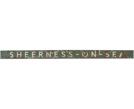 Southern Railway enamel seatback SHEERNESS-ON-SEA. In fair condition with some enamel loss. Measures 48in x 3in.