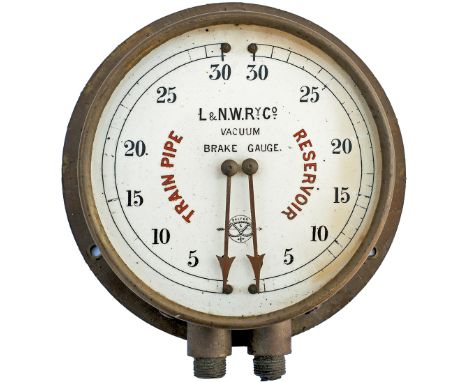 LNWR brass locomotive cab vacuum gauge. A very early example with engraved china glass face L &amp; N.W.RY Co TRAIN PIPE RESE