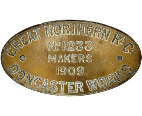 Worksplate GREAT NORTHERN RY CO MAKERS DONCASTER WORKS No 1233 1909 ex GNR Ivatt Class D1 4-4-0, later Class D2 numbered 48, 