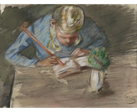 Conz, Walter: (1872 Stuttgart - 1947 Überlingen). Schreibendes Mädchen. Kreide- Aquarellmischtechnik. 21,5 x 28,5 cm. Sign. U
